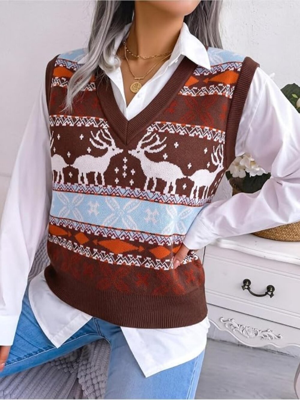 ASTANFY Ugly Christmas Sweater Vest for Women V Neck Christmas Top Vintage